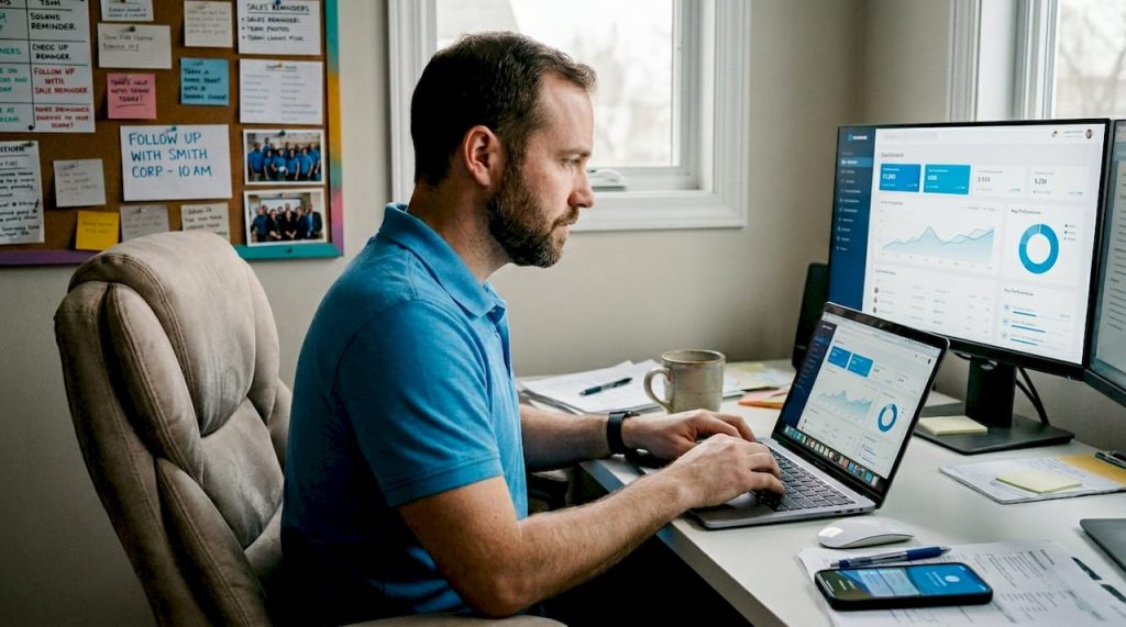 Salesperson managing sales engagement at desk