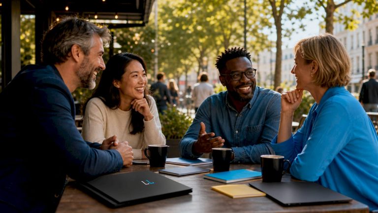 Group exchanging business cards in co-working space