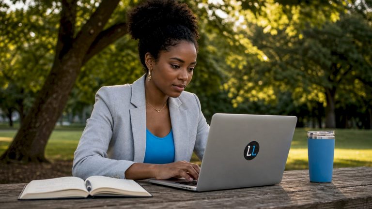 Professional woman editing LinkedIn profile on laptop