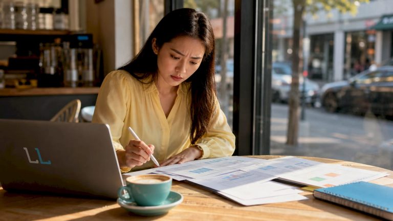 Marketing manager reviewing digital trends reports