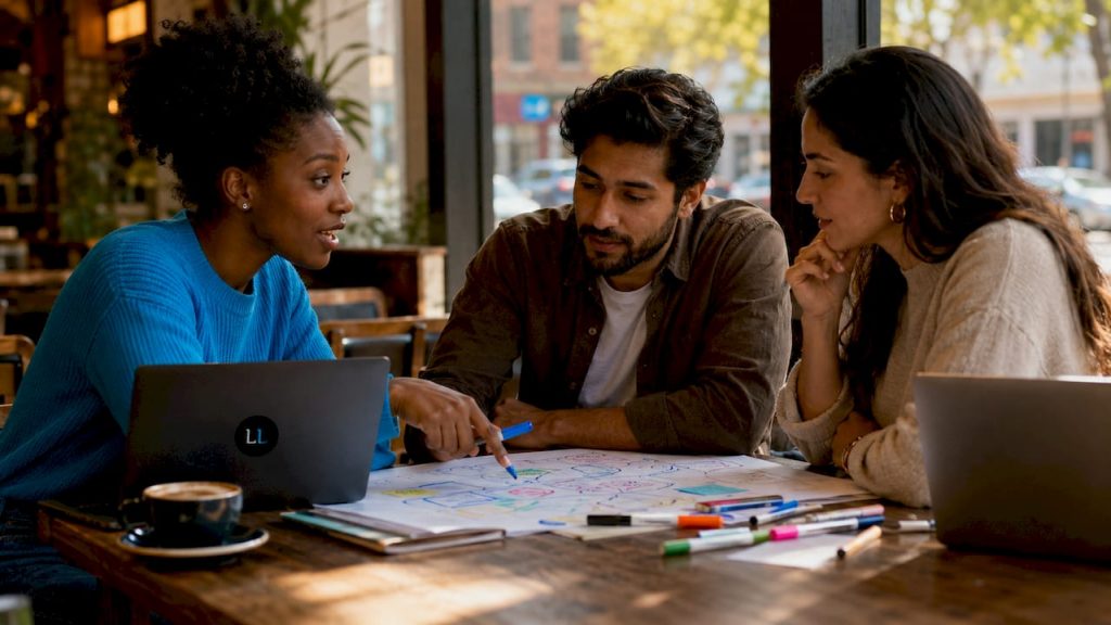 Marketing team brainstorming in conference room