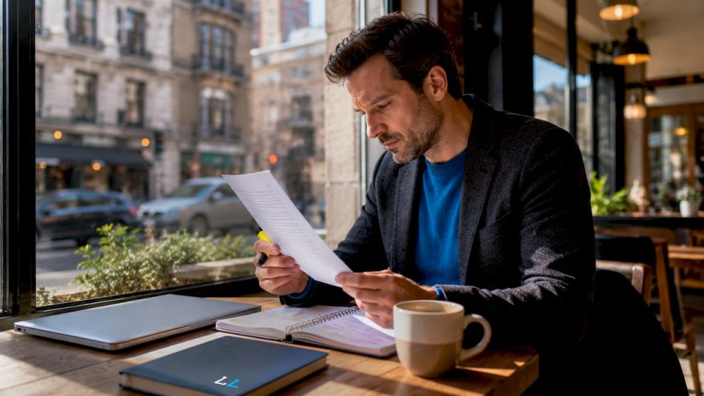 Consultant reviewing marketing checklist at desk