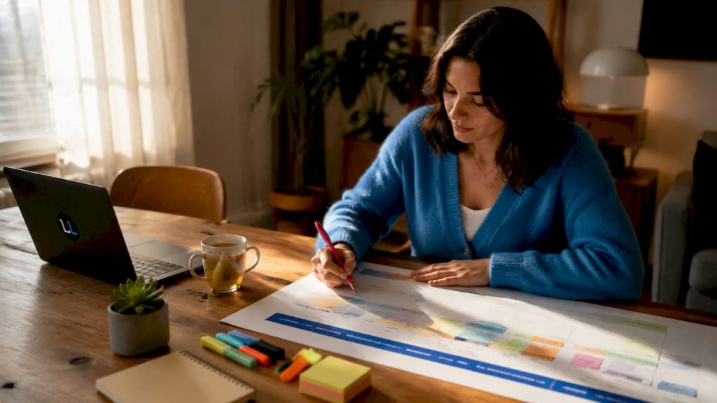 Marketer reviewing sales funnel stages in home office