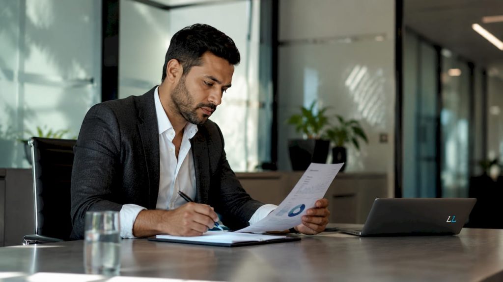 Sales manager reviewing B2B pipeline reports