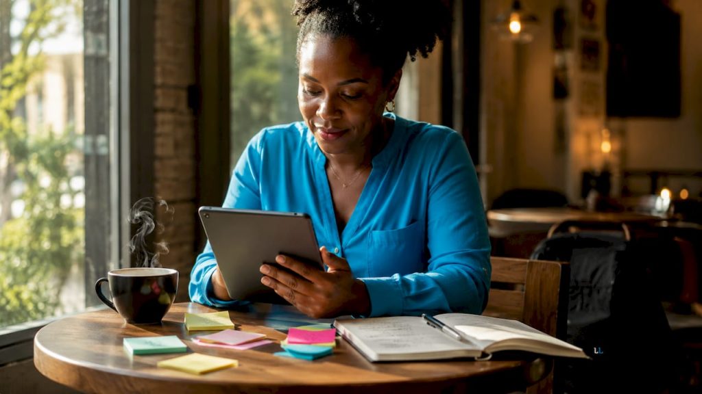 Marketing analyst reviewing spreadsheet at desk
