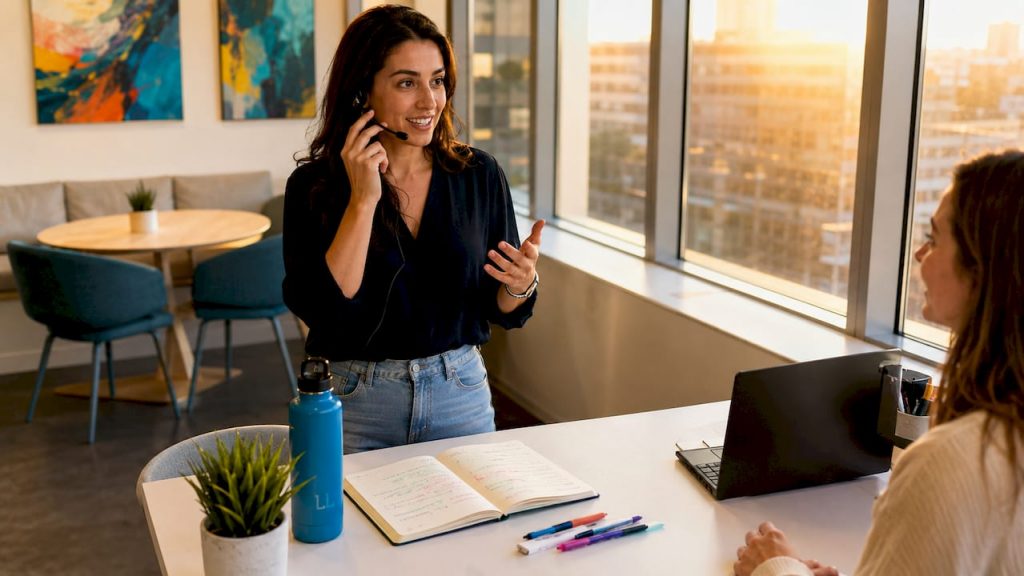 Saleswoman conducting a demo call in conference room
