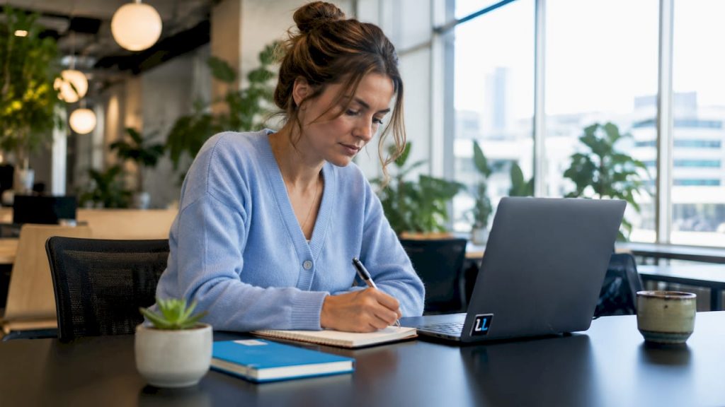 Professional woman writing LinkedIn summary at desk