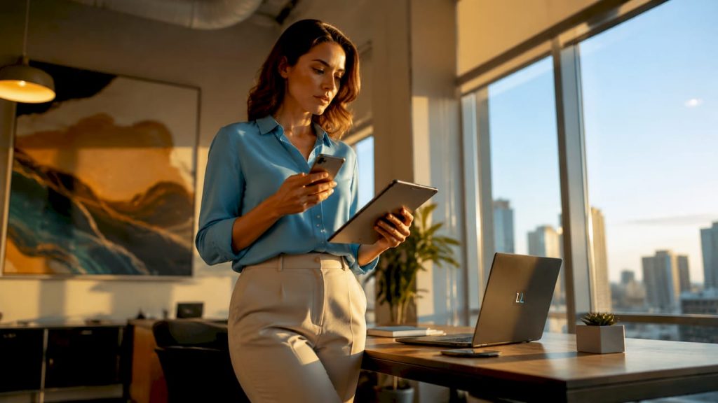 Woman using smartphone and tablet professionally