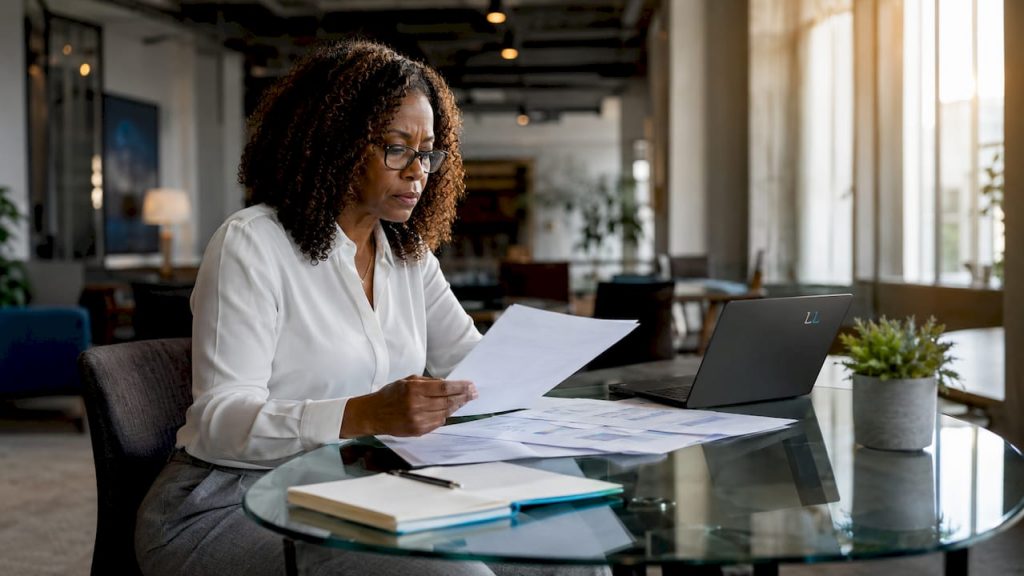 Professional woman reviewing customer responses at desk