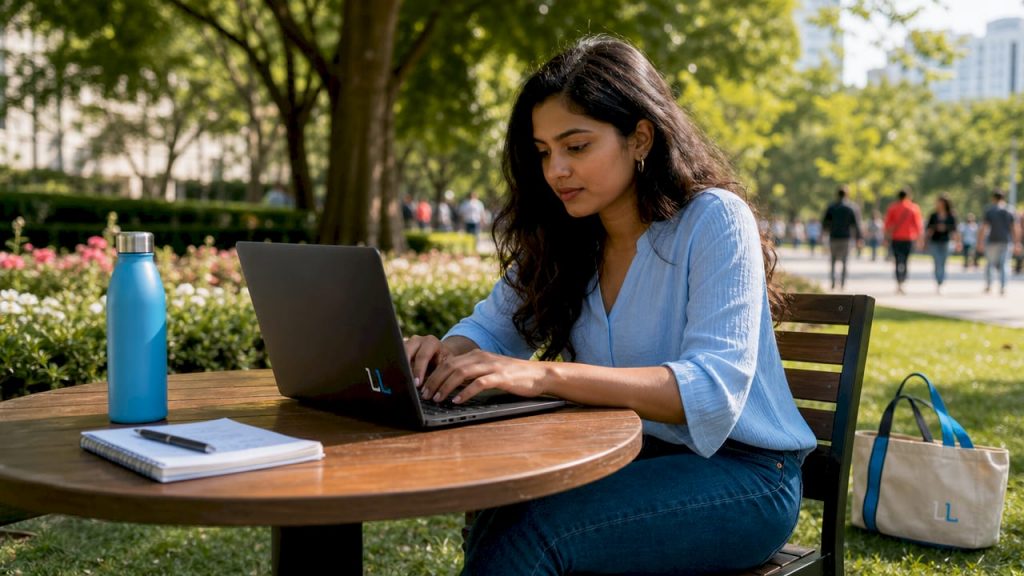 Woman typing laptop to create LinkedIn company page