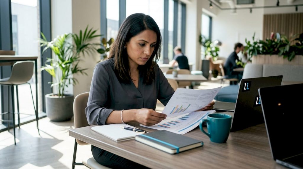 Businesswoman reviewing B2B lead gen report