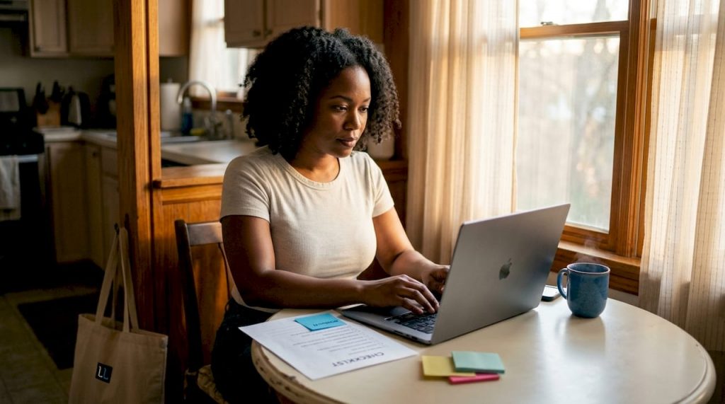 Person setting up LinkedIn company page URL on laptop in home office