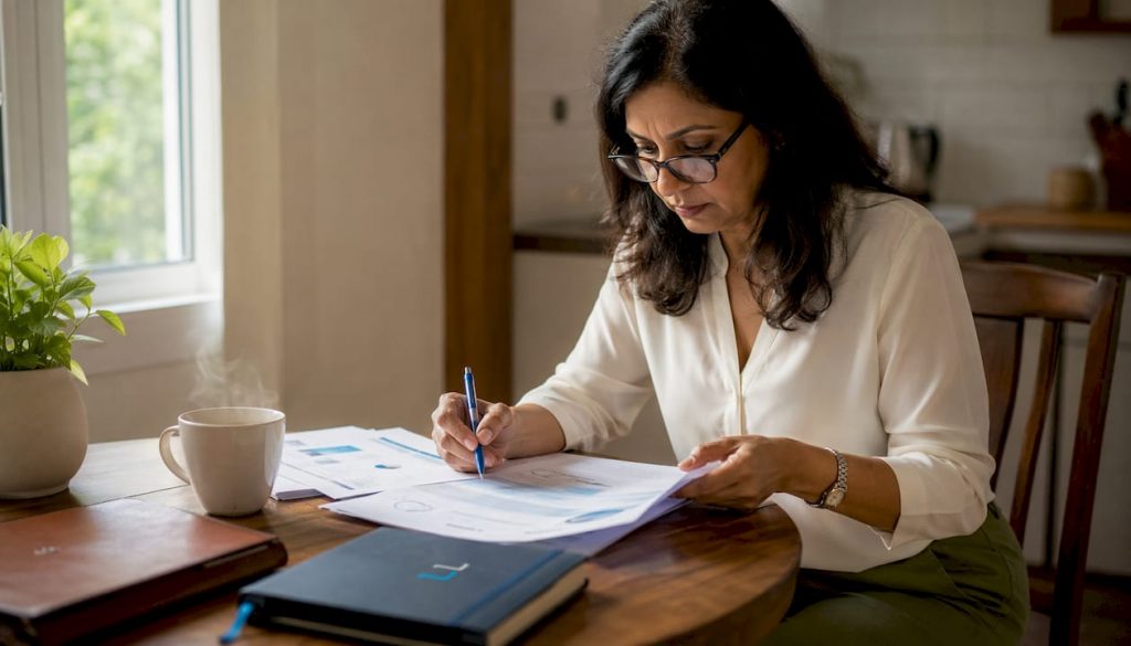 Consultant reviewing marketing proposals in office