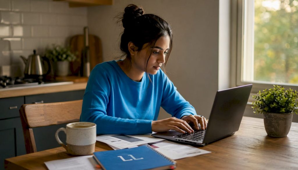 Woman writing job introduction email at home desk