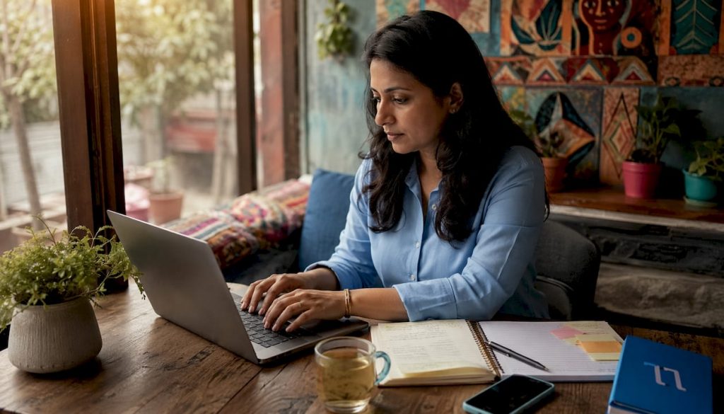 Professional woman working on LinkedIn email sequences in home office