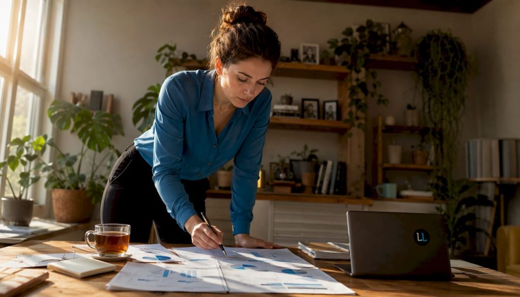 Businesswoman reviewing sales pipeline charts at desk