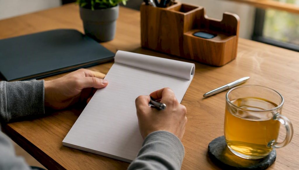 Hands placing sticky note with discovery questions on laptop keyboard