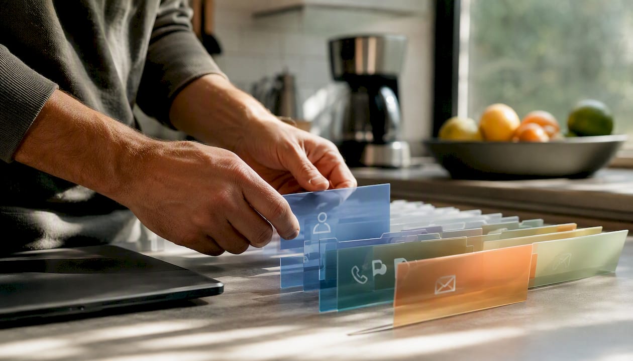 Hands arranging translucent data layers on desk