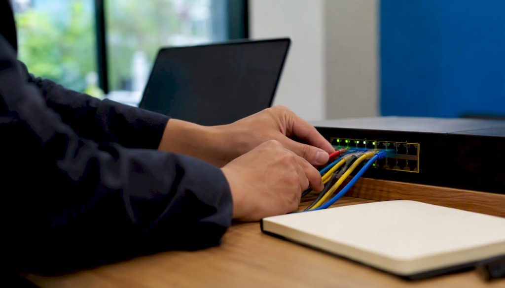 Hands connecting network cables on modern desk