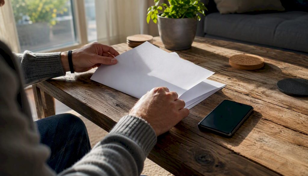 Hands preparing LinkedIn outreach campaign materials