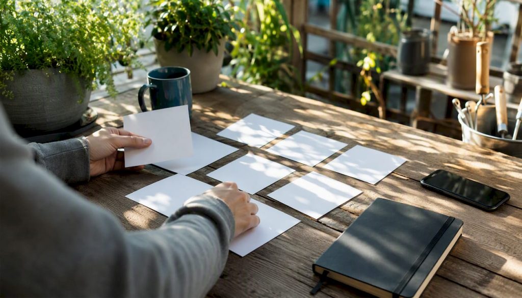 Hands arranging LinkedIn marketing strategy materials
