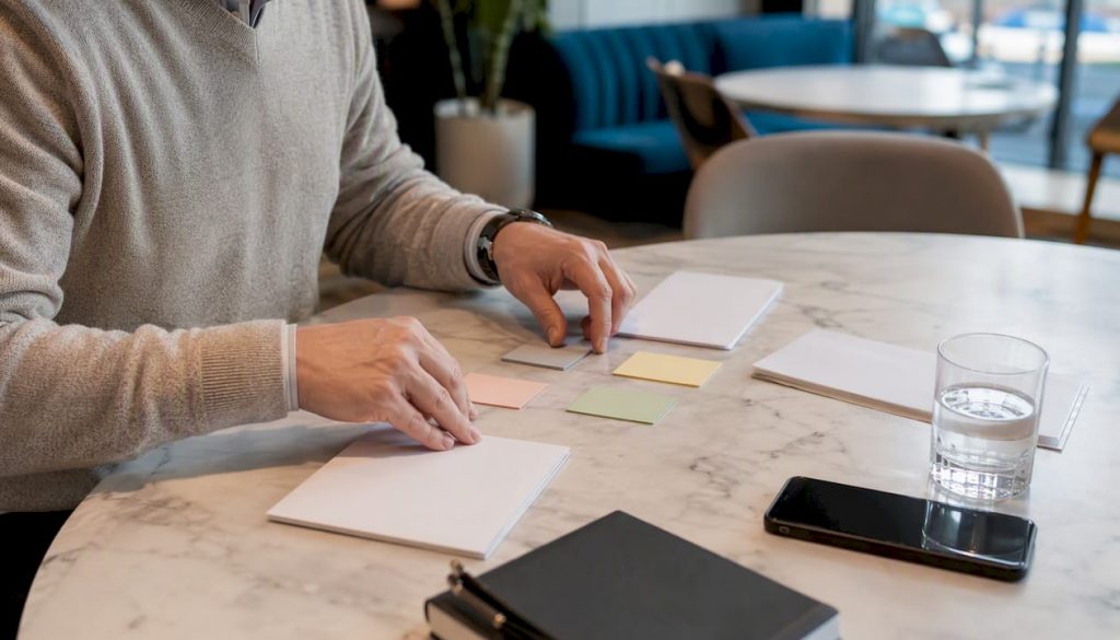Hands sorting sales prospecting cards on table