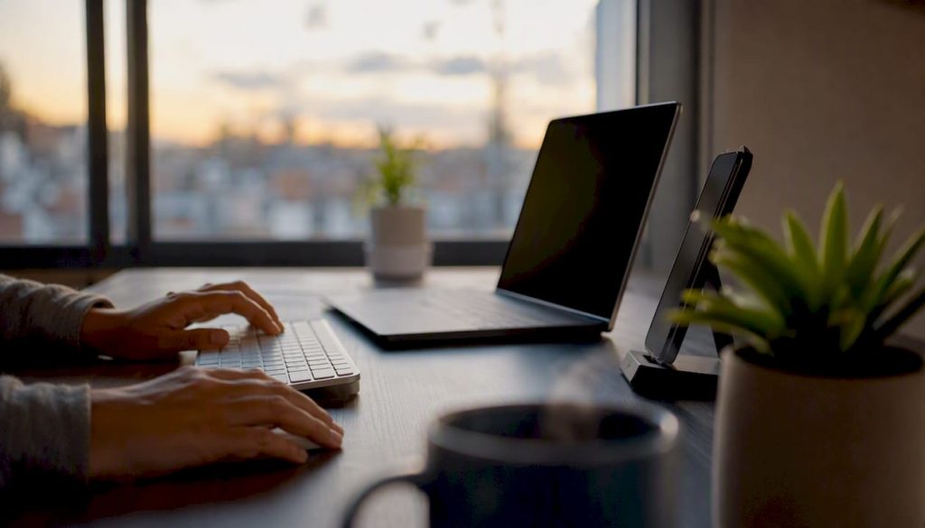 Hands arranging workspace for LinkedIn profile setup