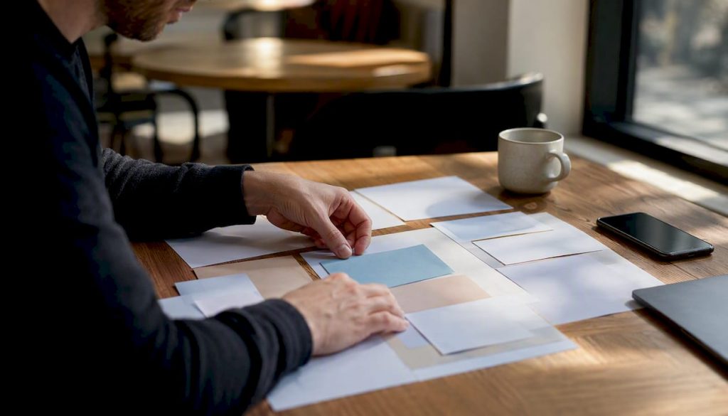 Hands arranging LinkedIn campaign materials
