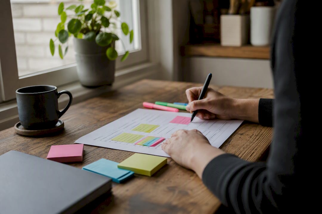 Hands tagging prospect list with sticky notes