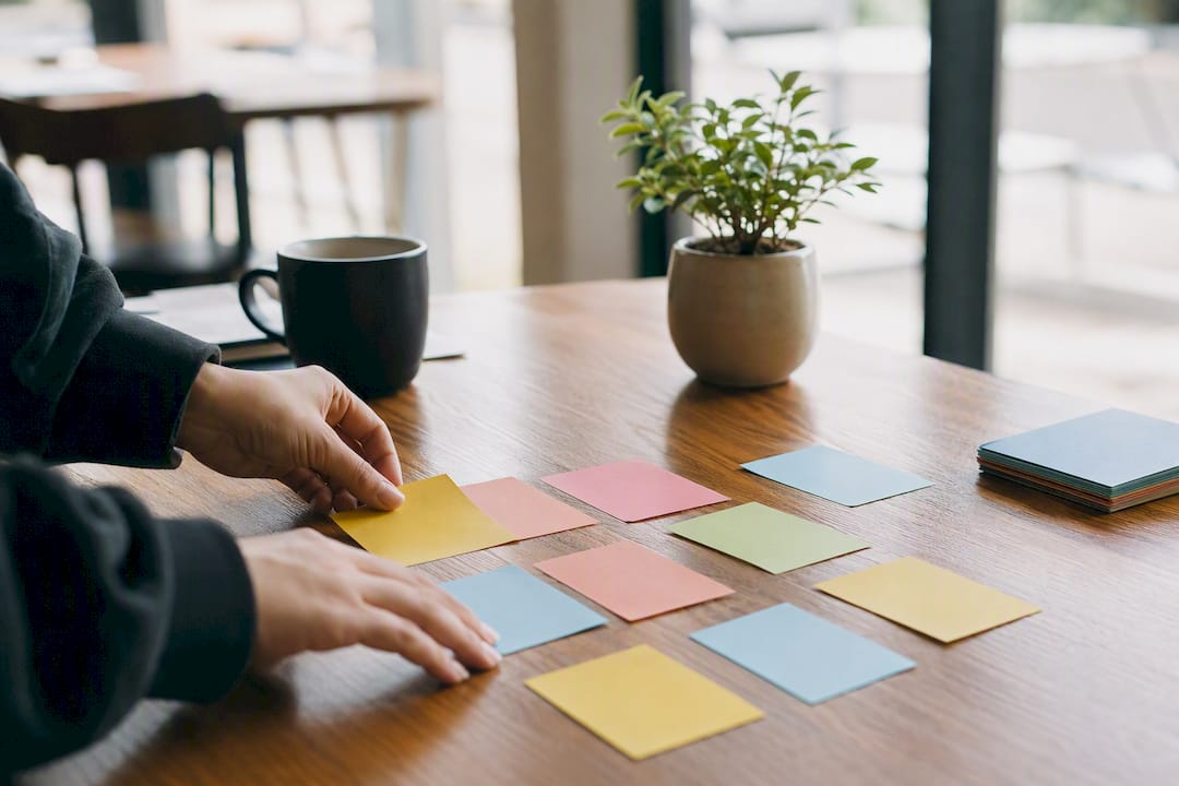 Hands sorting customer profile cards on white table