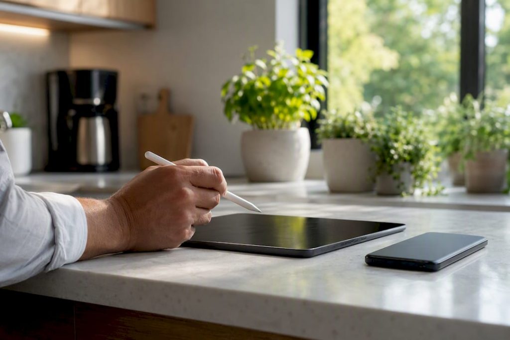 Hand poised over tablet for message review