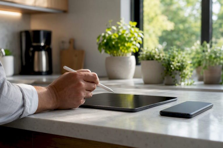 Hand poised over tablet for message review