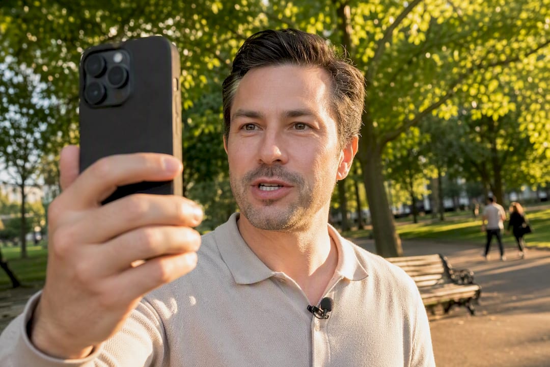 Person filming professional video message on smartphone