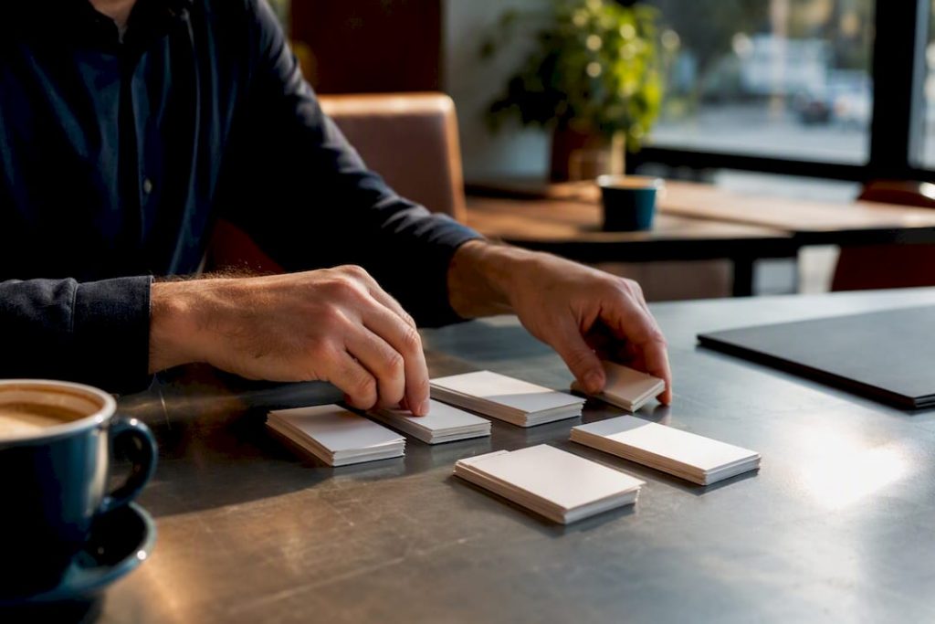 Hands organizing client profile cards