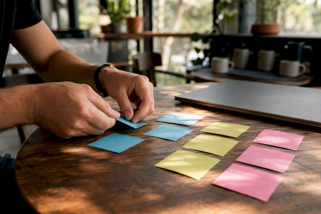 Hands arranging personalized LinkedIn message notes