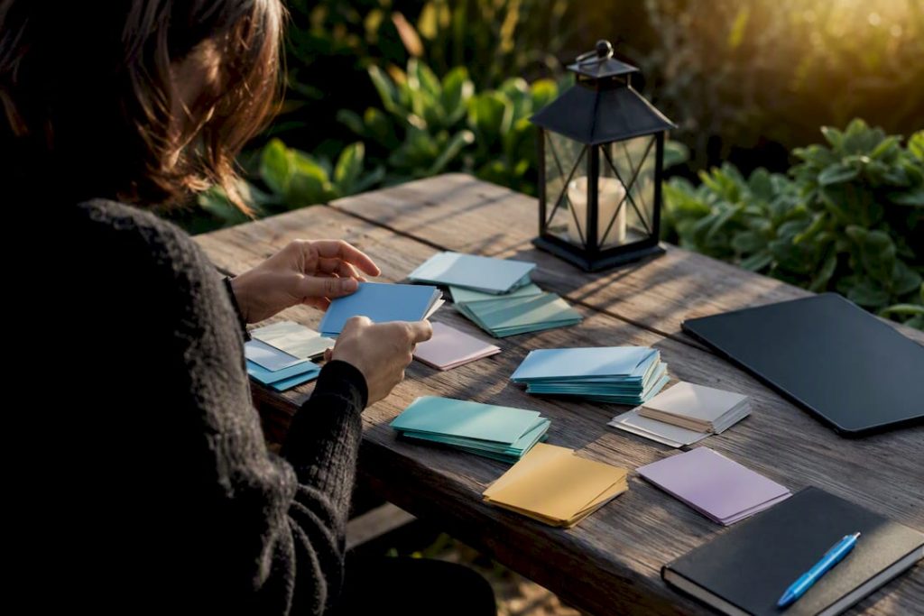 Hands sorting prospect category cards on table
