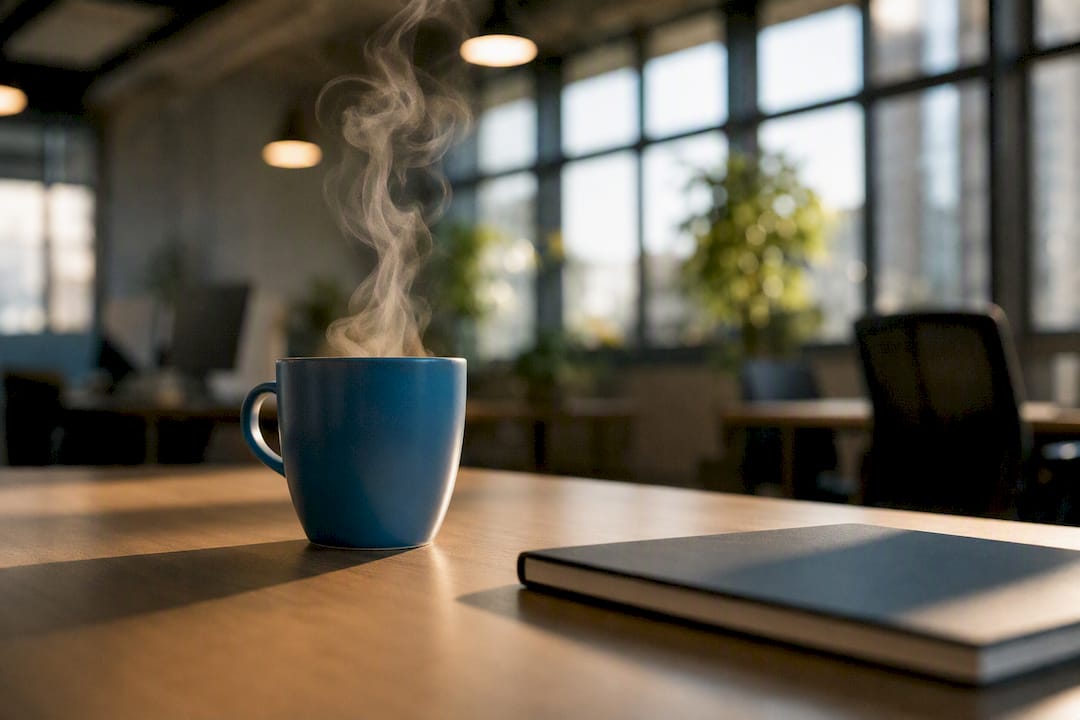 Steaming coffee cup on office desk