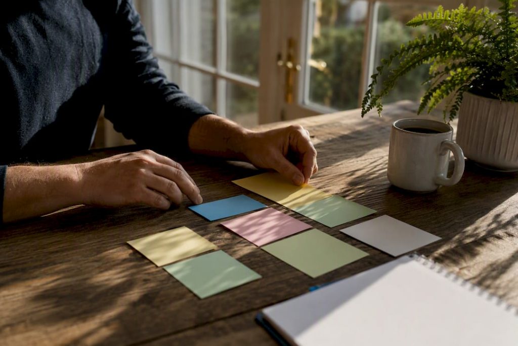 Hands arranging LinkedIn warm-up schedule cards