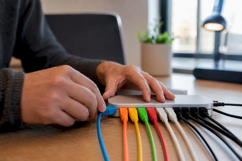 Hands routing cables symbolizing lead signals