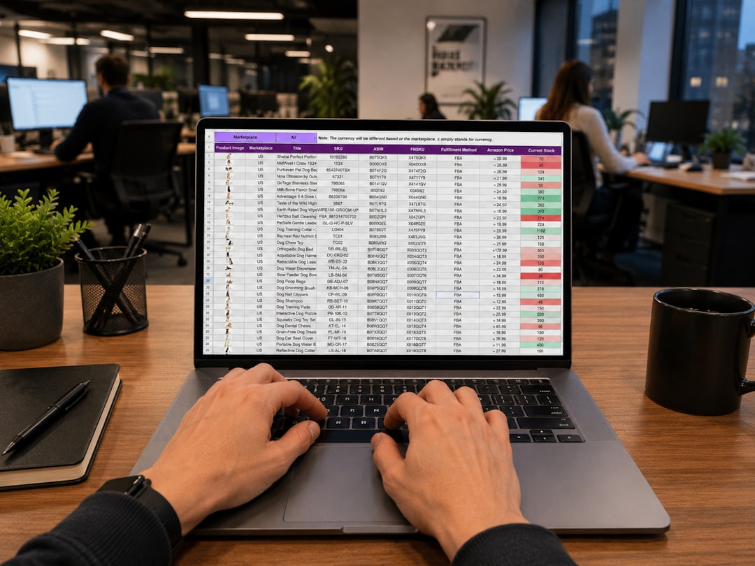 Hands typing on a laptop showing a data spreadsheet, representing a LinkedIn outreach list clean-up